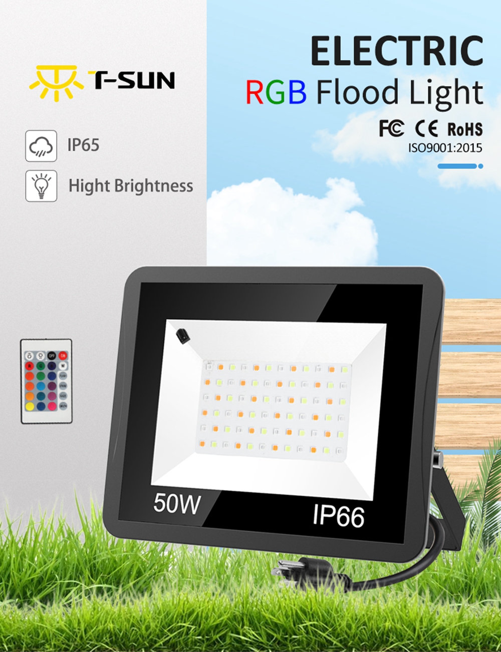 T-SUN 240V 220V 110V Outdoor LED Floodlight 50W/100W RGB FloodLight US/EU/UK Plug LED Spotlight Garden Flood Light Waterproof