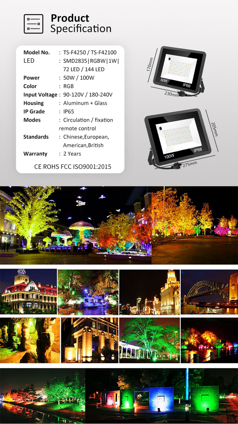 T-SUN 240V 220V 110V Outdoor LED Floodlight 50W/100W RGB FloodLight US/EU/UK Plug LED Spotlight Garden Flood Light Waterproof