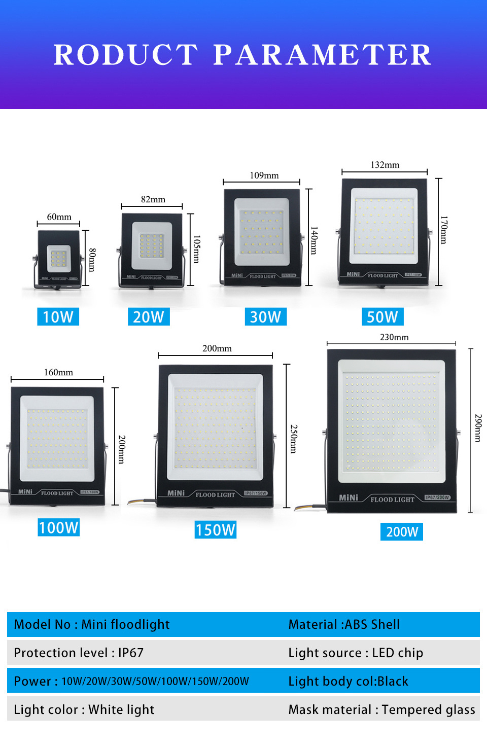 10W 20W 30W 50W 100W 150W Street Lamp Outdoor LED Floodlight 220V LED Flood Light Waterproof IP67 Mini Ultra-thin Lightweight