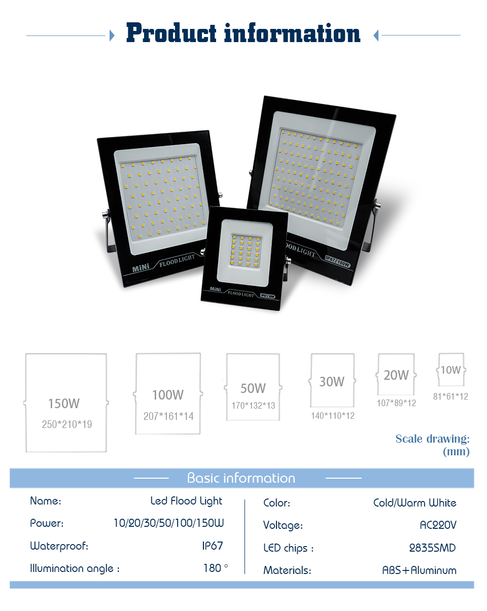 2PCS 10W 20W 30W 50W 100W 150W LED Flood Light 220V Brightness IP66 Waterproof Outdoor Lighting LED Spotlight Wall Floodlights