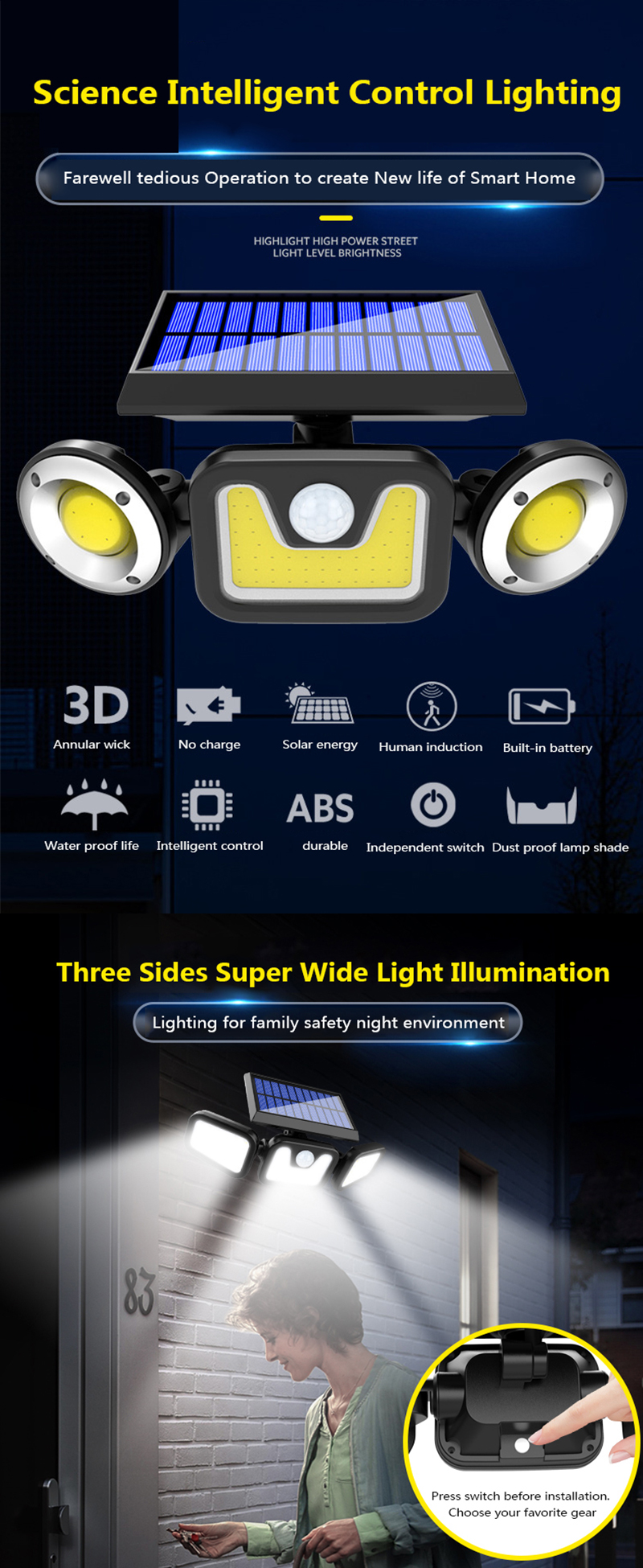 Solar Wall Light Motion Sensor 3 Heads Floodlight Waterproof Outdoor Street Light for Garden D�cor Security Lights