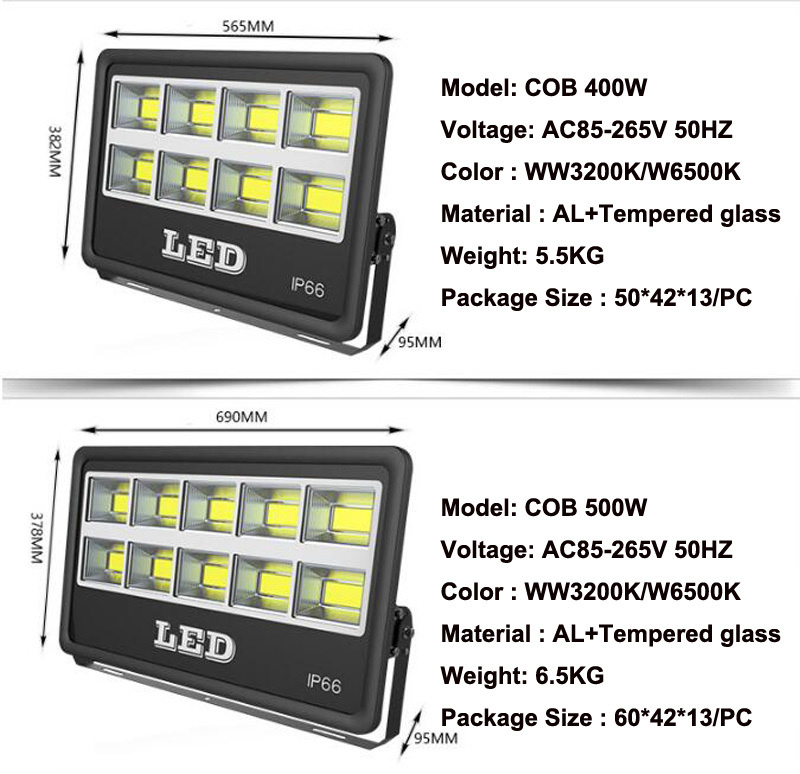 4PCS LED Flood Light Super Bright 50W 100W 150W 200W 300W 400W 500W AC85-265V Ip65 Spotlight Outdoor COB Garden Lighting
