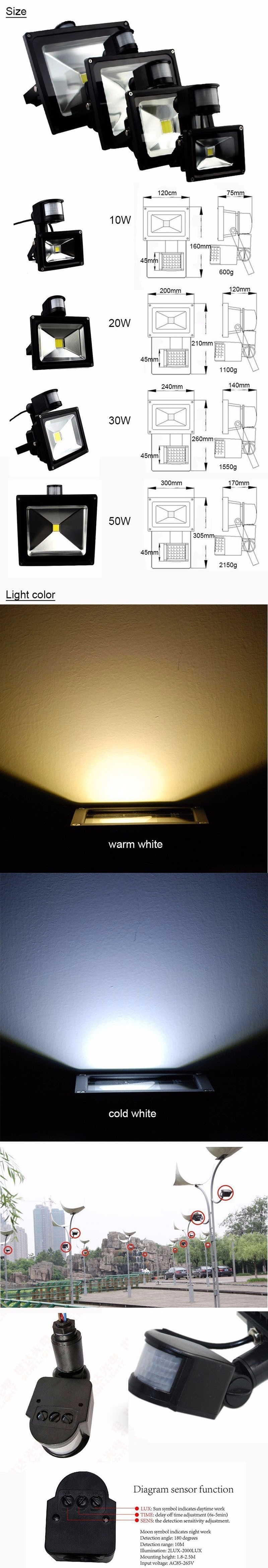 10pcs 10W 20W 30W 50W PIR Infrated Flood Path Light With Motion Sensor Spotlight Waterproof Outdoor LED Garden Lamp Floodlight