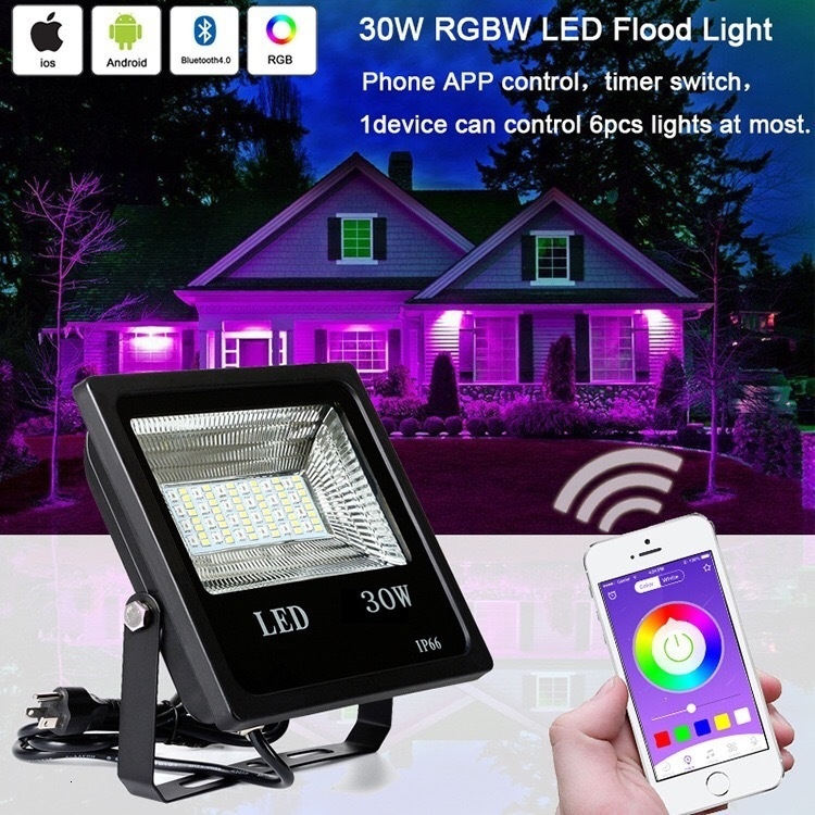 6pcs /lot Led Flood Lamp 30W Smart Bluetooth App Control Rgbw 16 Colorful Changable Dimming Waterproof Ip66 Outdoor Lighting