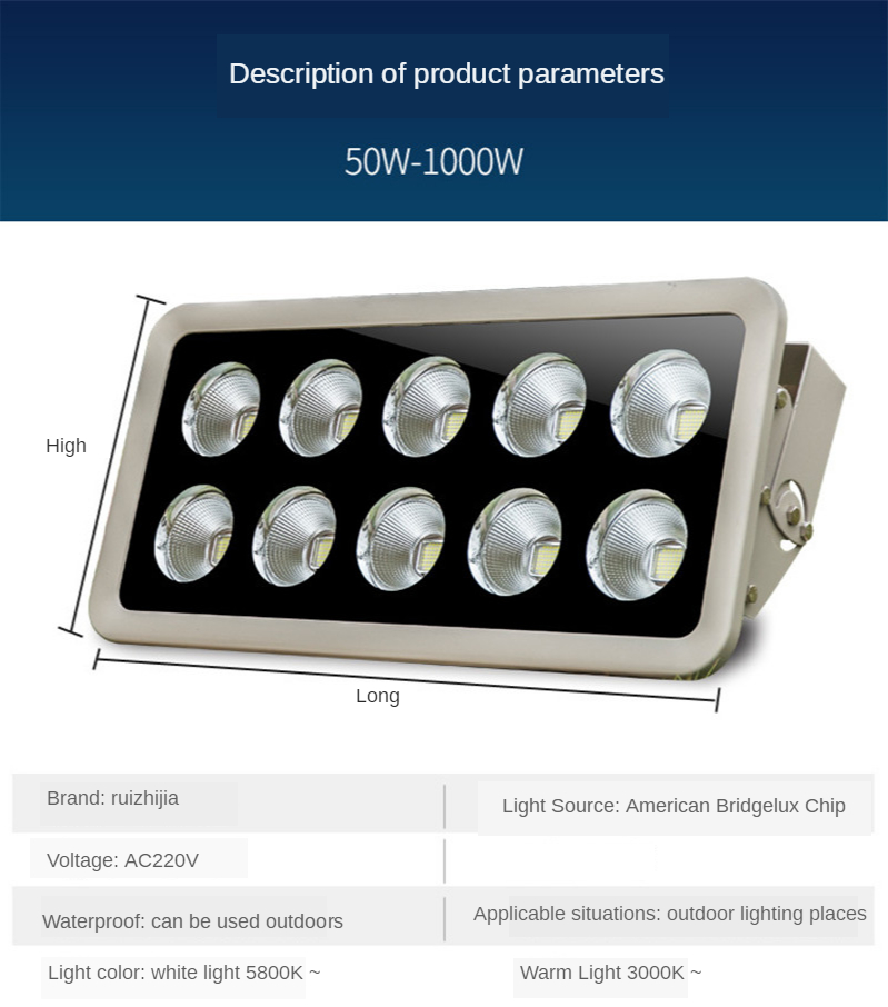 Floodlight IP65 Waterproof Outdoor Wall Reflector Lighting Garden Square Spotlight Led Flood Light 600W 800W 1000W Site Lighting