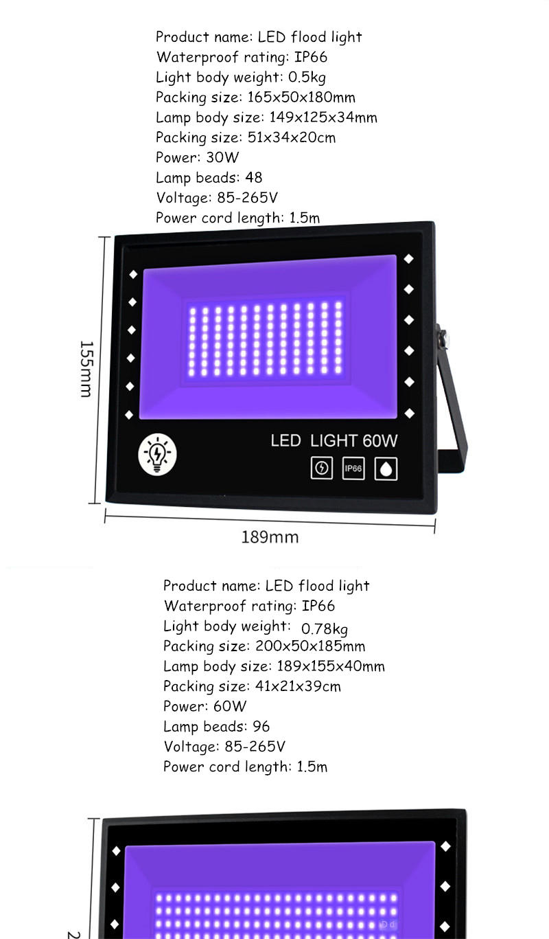 Projection LED Flood Light 30W/60W/100W Outdoor Light Purple Light Flood Light UV Lamp Spotlight Disco Party Light for Nightclub