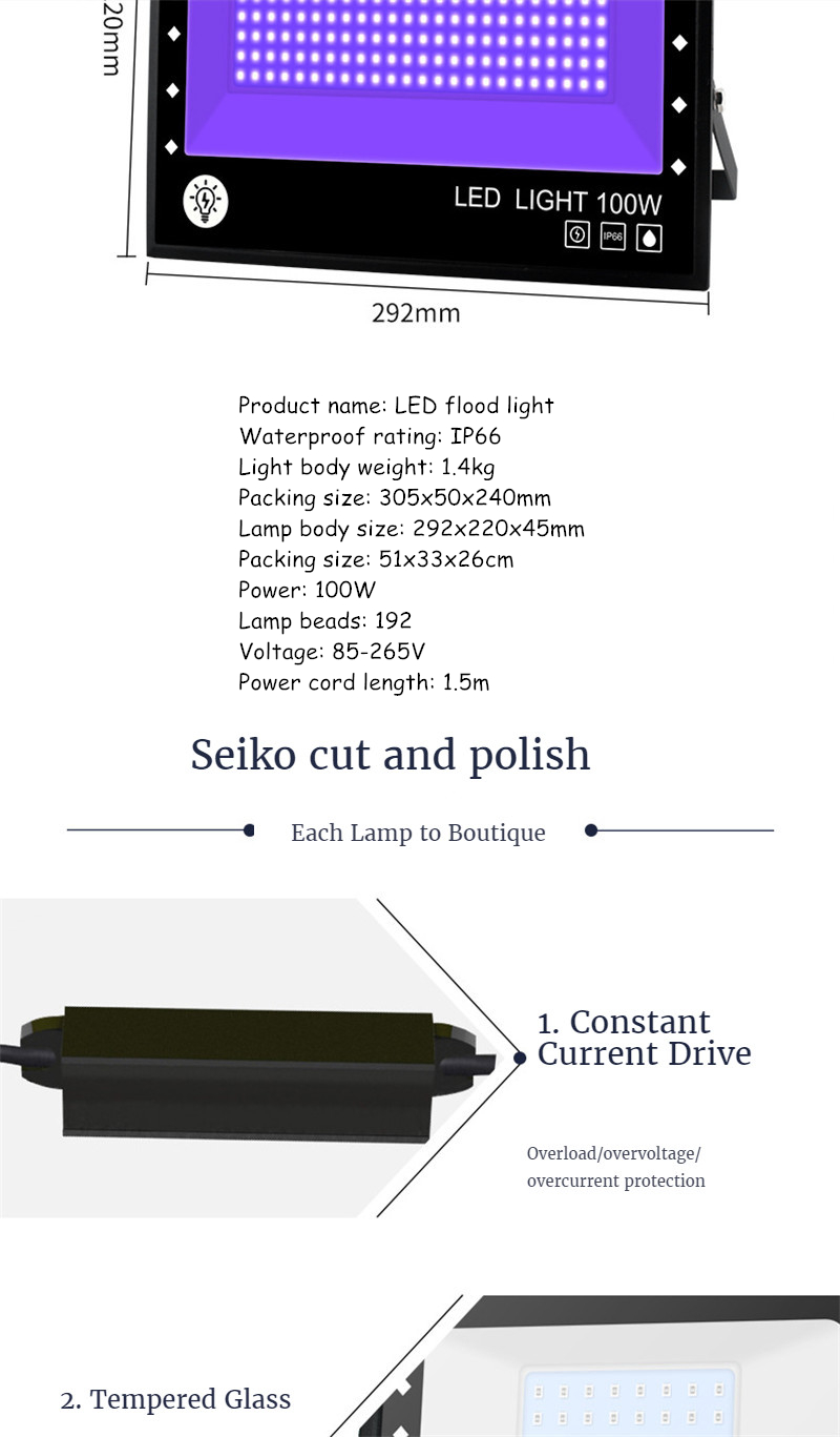 Projection LED Flood Light 30W/60W/100W Outdoor Light Purple Light Flood Light UV Lamp Spotlight Disco Party Light for Nightclub