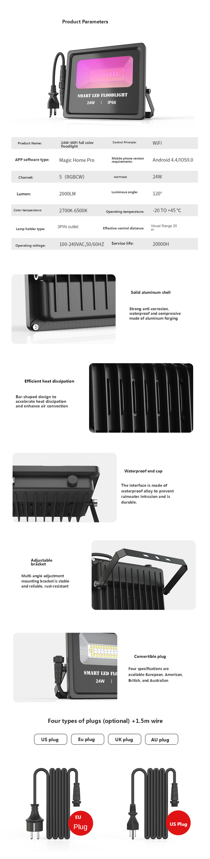 Flood Light RGB WiFi Intelligent Floodlight Outdoor Lighting Led Street Light Villa Courtyard Light Led for Floodlight Garden