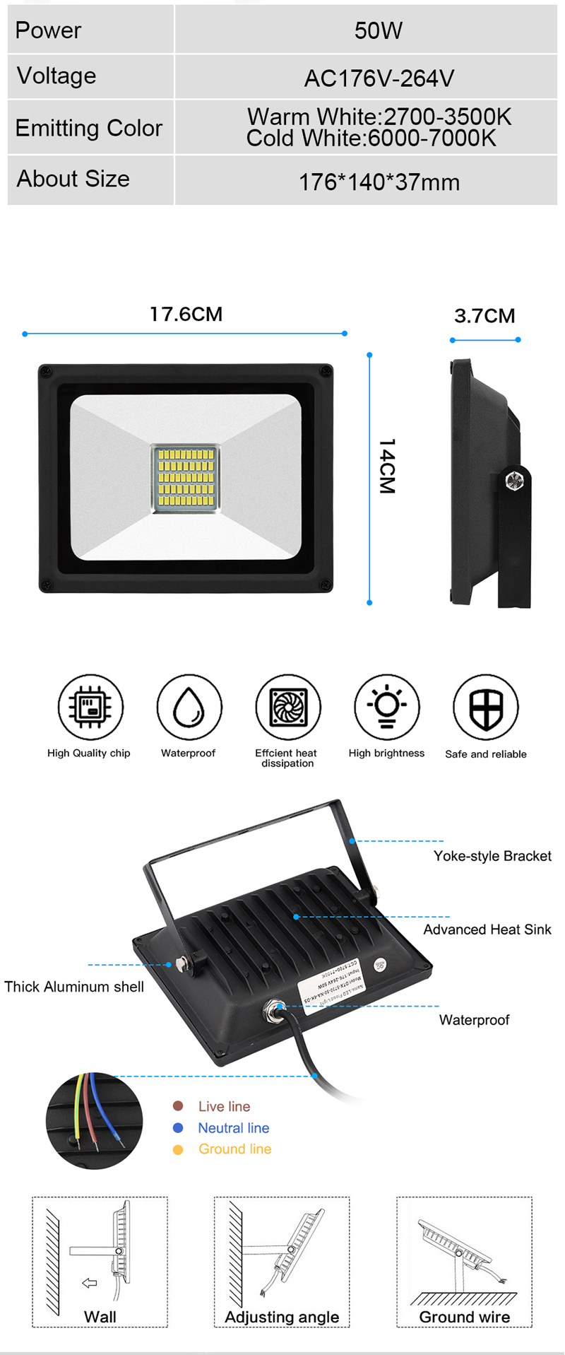 LED Flood Light 50W 4500lumen IP65 Waterproof floodlight Outdoor Security Lights Garden Landscape Super Bright