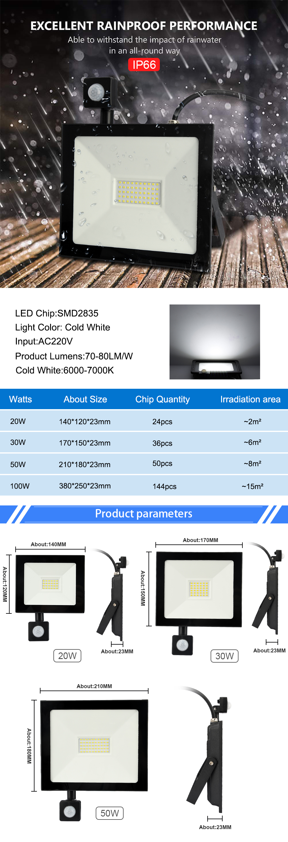 LED Motion Sensor Floodlight Waterproof 20W 30W 50W 100W PIR Flood Light Projector Lamp Exterior Outdoor Spotlight lighting