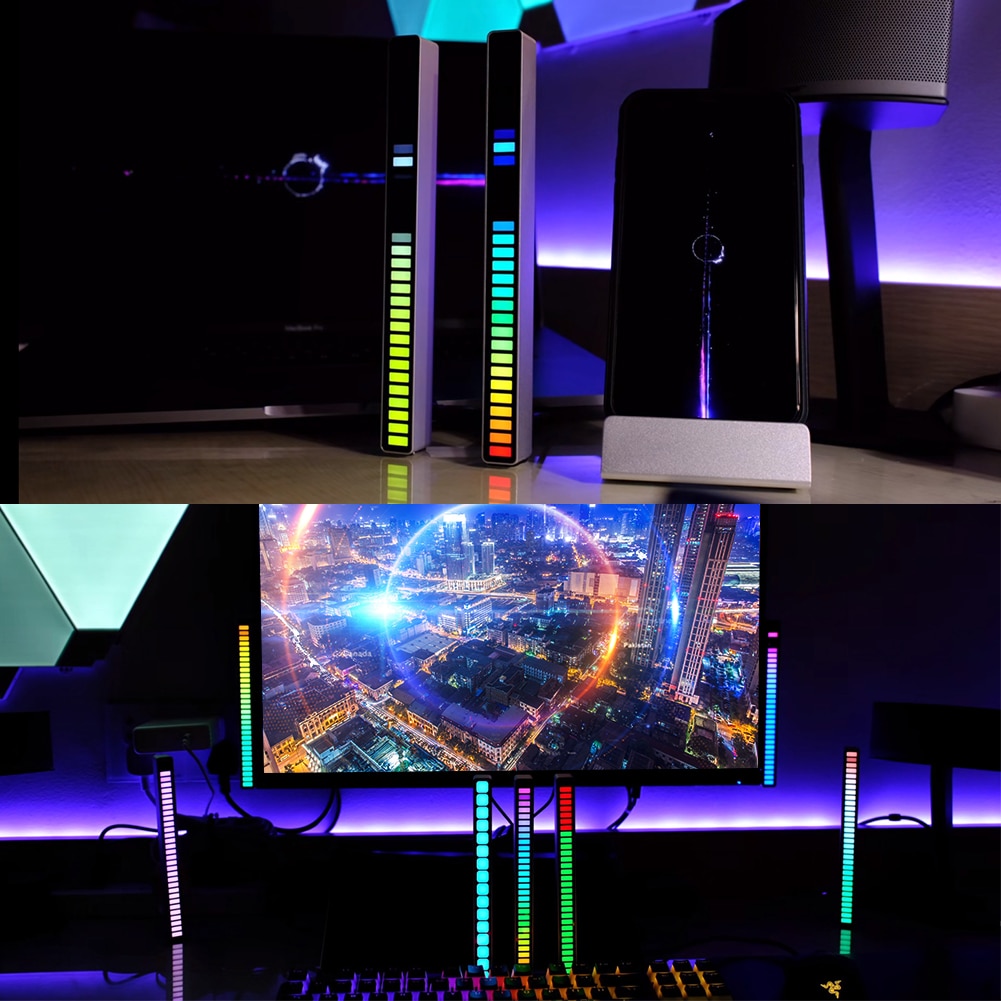 RGB Colorful Tube 32LED Voice-Activated Pickup Rhythm Strip Light APP Control Music Atmosphere Ambient Lamp Bar for Car Computer