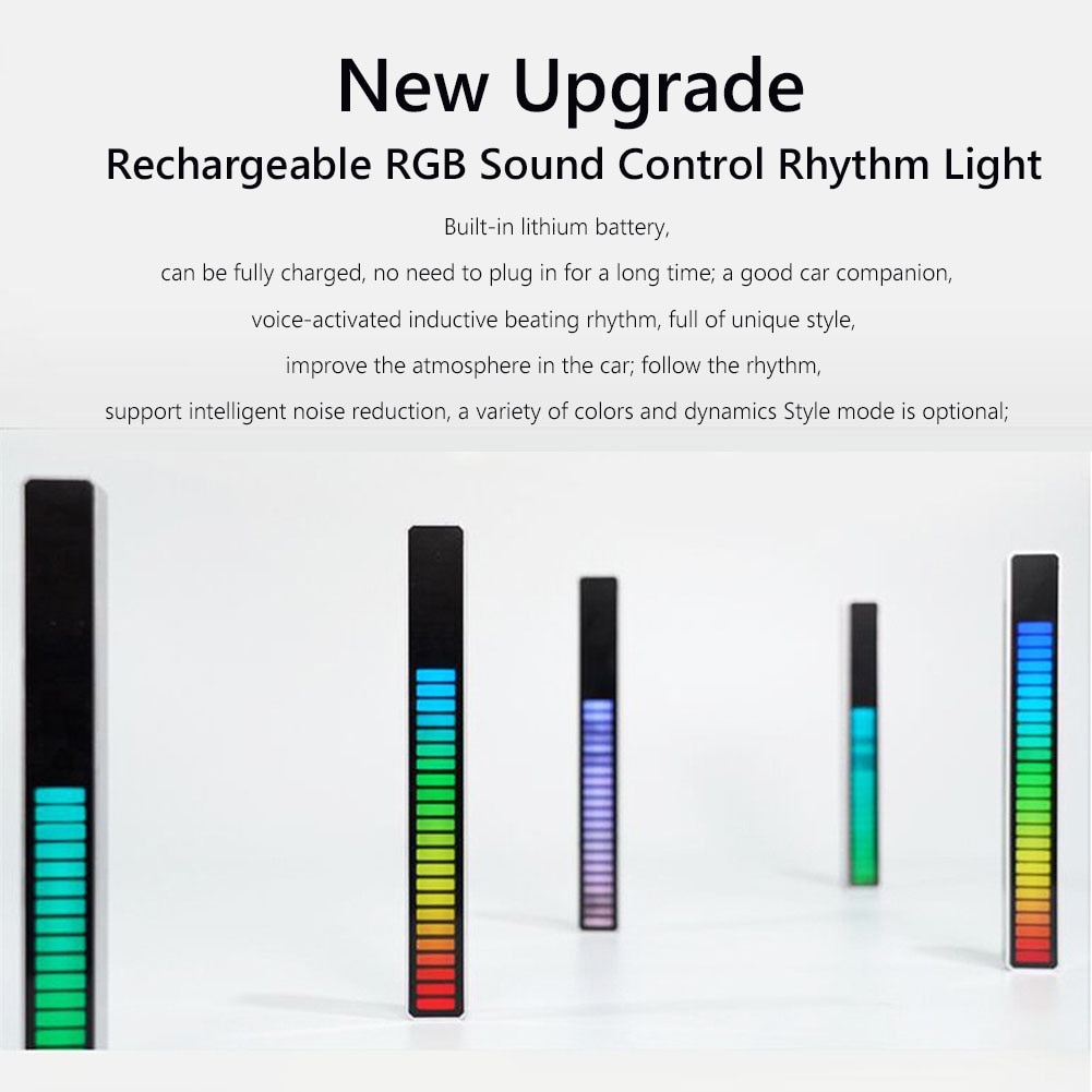 RGB Colorful Tube 32LED Voice-Activated Pickup Rhythm Strip Light APP Control Music Atmosphere Ambient Lamp Bar for Car Computer