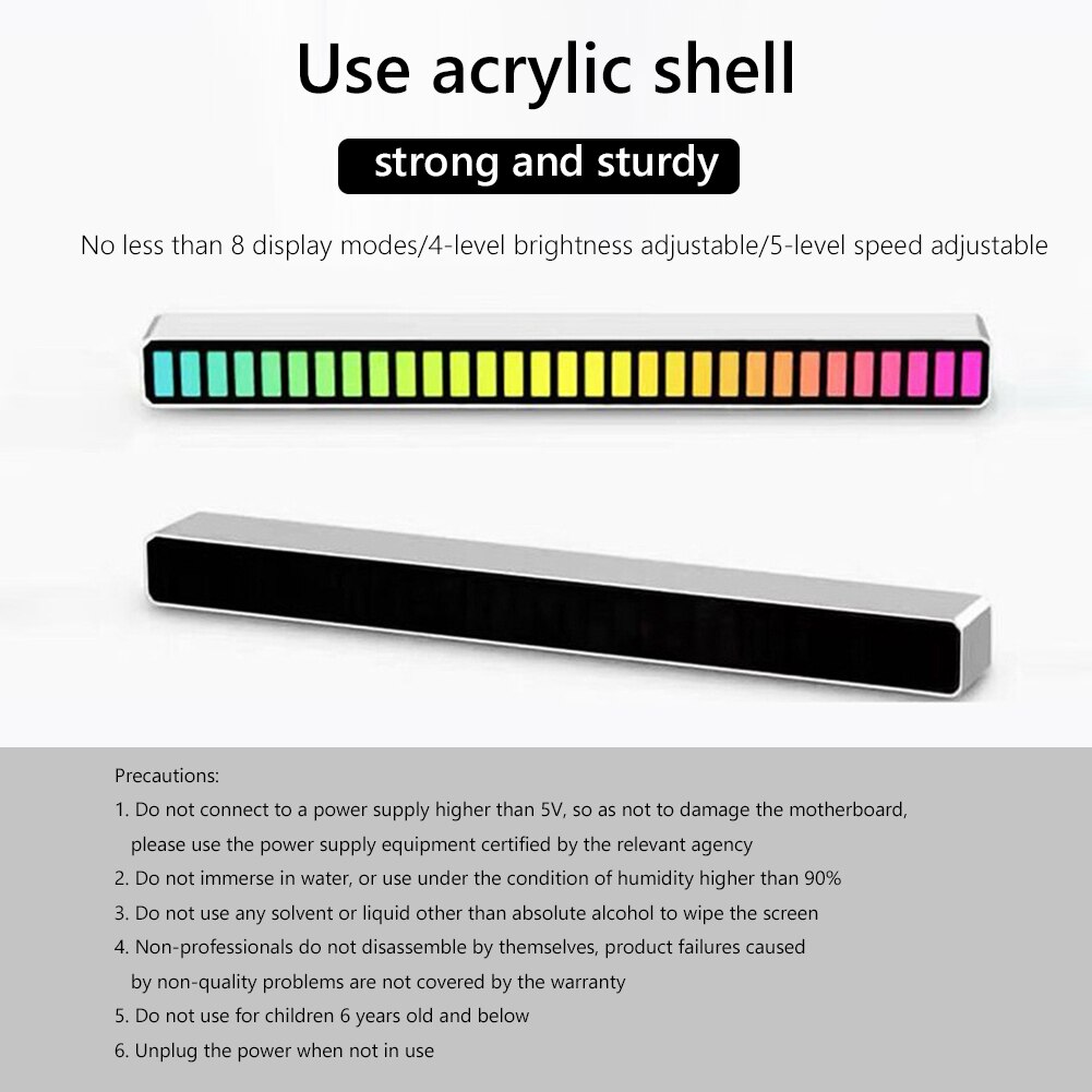 RGB Colorful Tube 32LED Voice-Activated Pickup Rhythm Strip Light APP Control Music Atmosphere Ambient Lamp Bar for Car Computer