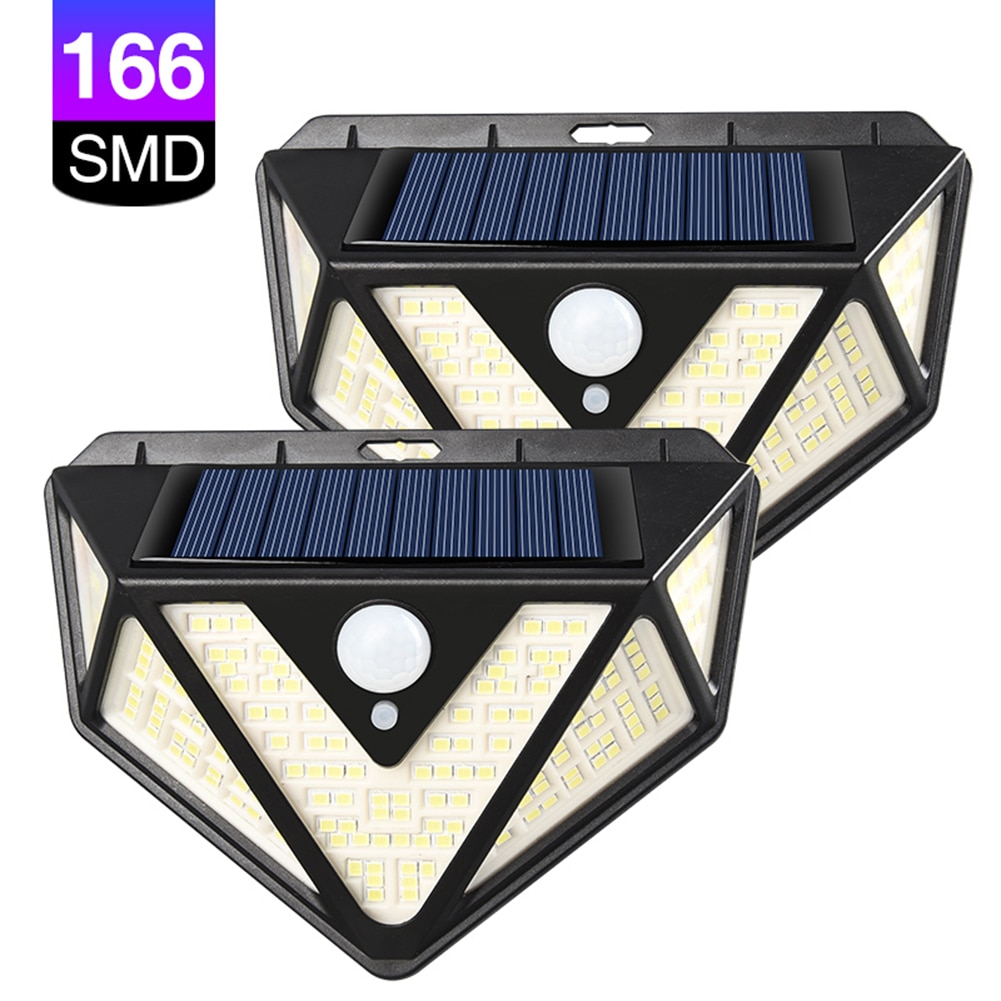 166LED Solar Powered Wall Light Outdoors 3 Modes Three Sides PIR Motion Sensor Emergency Waterproof Security Lamp Garden Decor