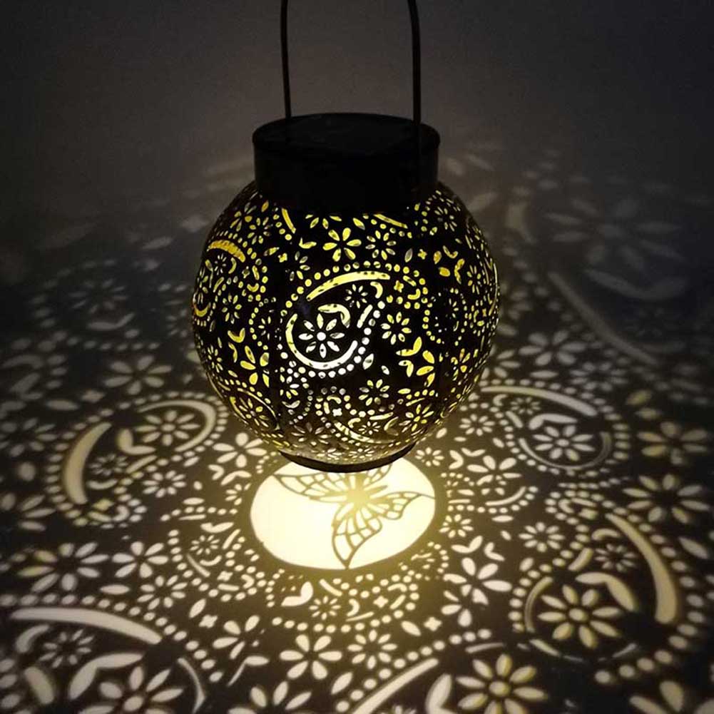 LED Solar Lantern Light Outdoor Waterproof Wrought Iron Hollow Lantern Projection Light Hanging Projector Lamp Garden Decoration