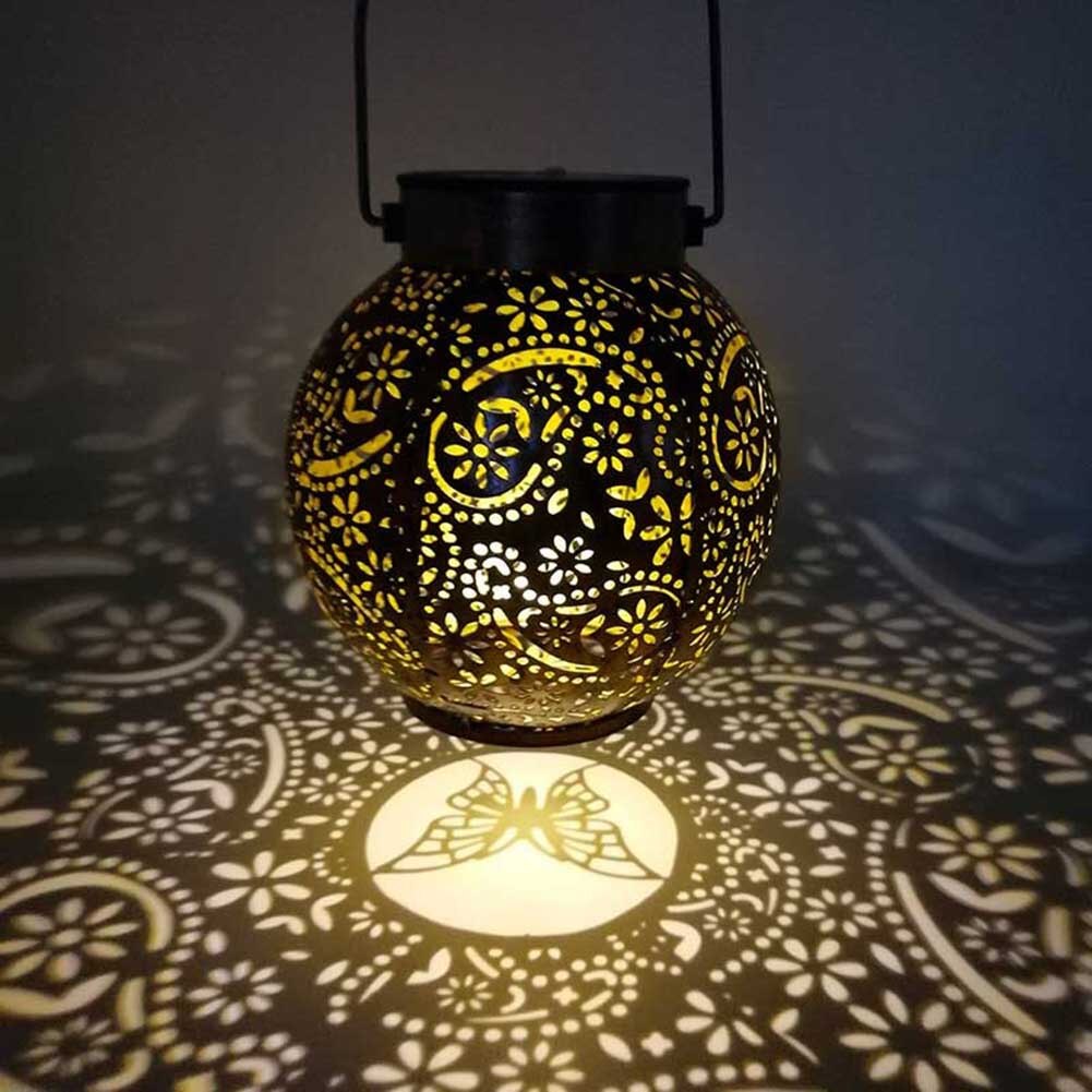 LED Solar Lantern Light Outdoor Waterproof Wrought Iron Hollow Lantern Projection Light Hanging Projector Lamp Garden Decoration