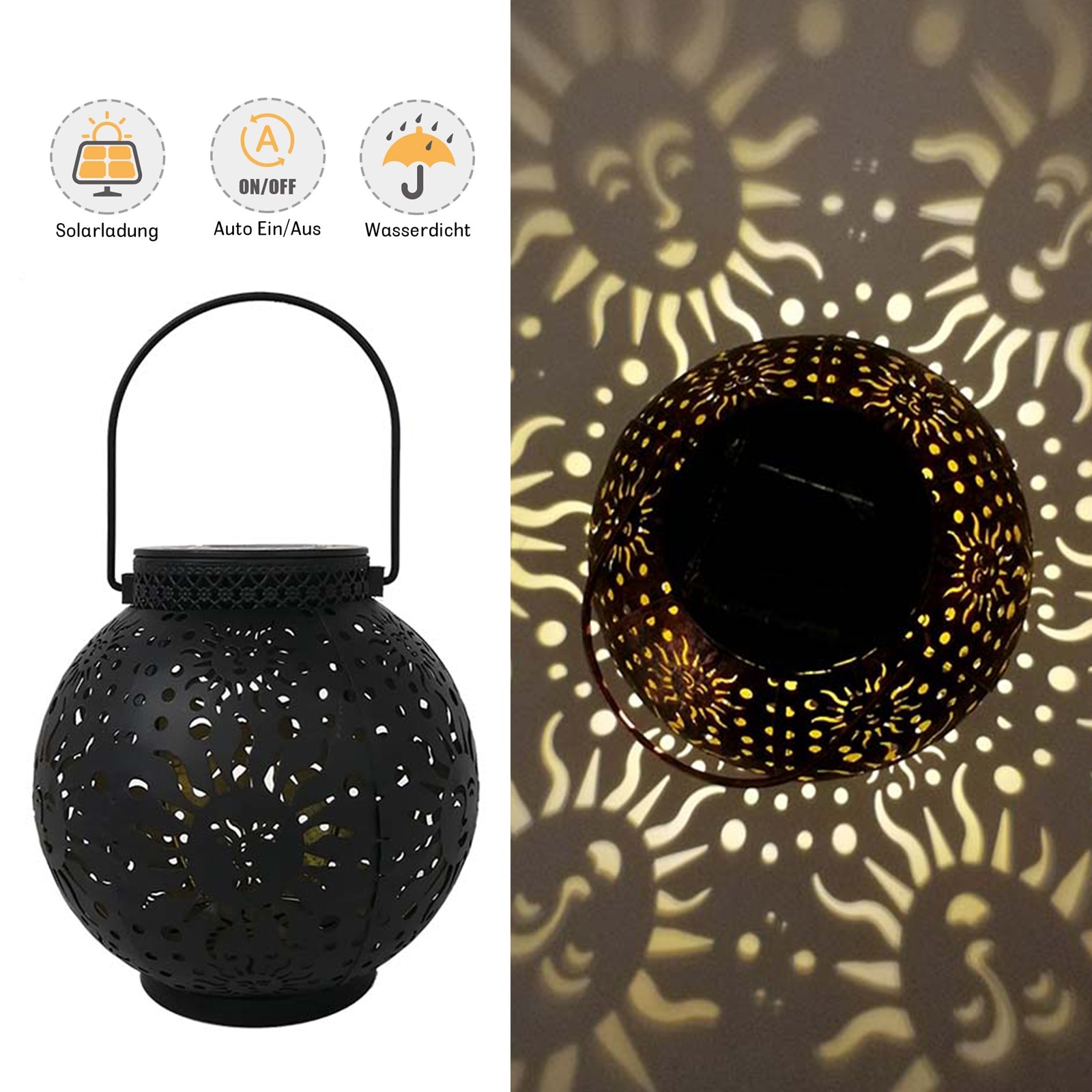 LED Solar Lantern Light Outdoor Waterproof Wrought Iron Hollow Lantern Projection Light Hanging Projector Lamp Garden Decoration