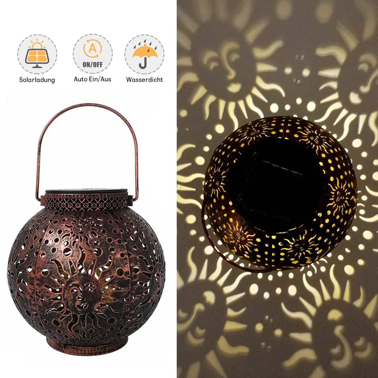 LED Solar Lantern Light Outdoor Waterproof Wrought Iron Hollow Lantern Projection Light Hanging Projector Lamp Garden Decoration