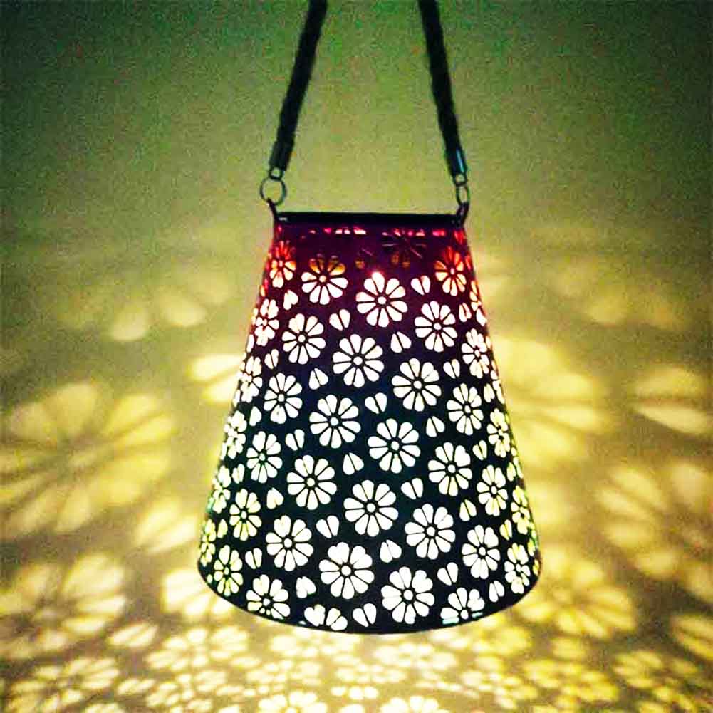 LED Solar Lantern Light Outdoor Waterproof Wrought Iron Hollow Lantern Projection Light Hanging Projector Lamp Garden Decoration