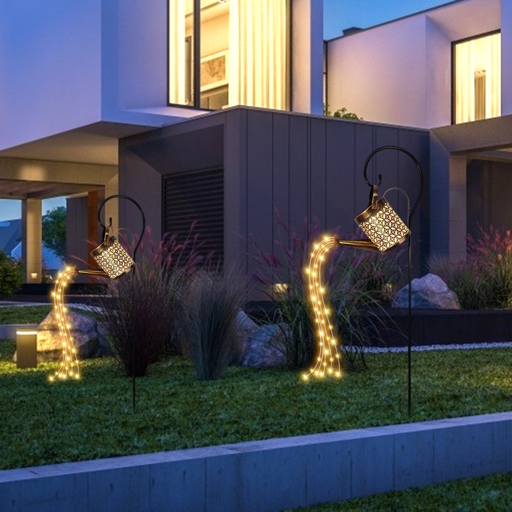 LED Solar Lamp Watering Can Sprinkles Fairy Solar Light Wrought Iron Hollow Outdoor Waterproof Shower Light Garden Decoration