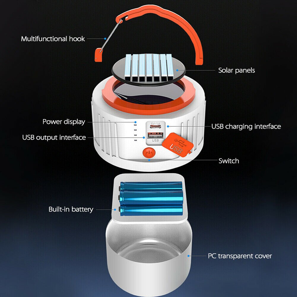 USB Rechargeable Solar LED Camping Lantern Hiking Tent Night Light Portable Outdoor Remote Control Emergency Lighting Solar Lamp