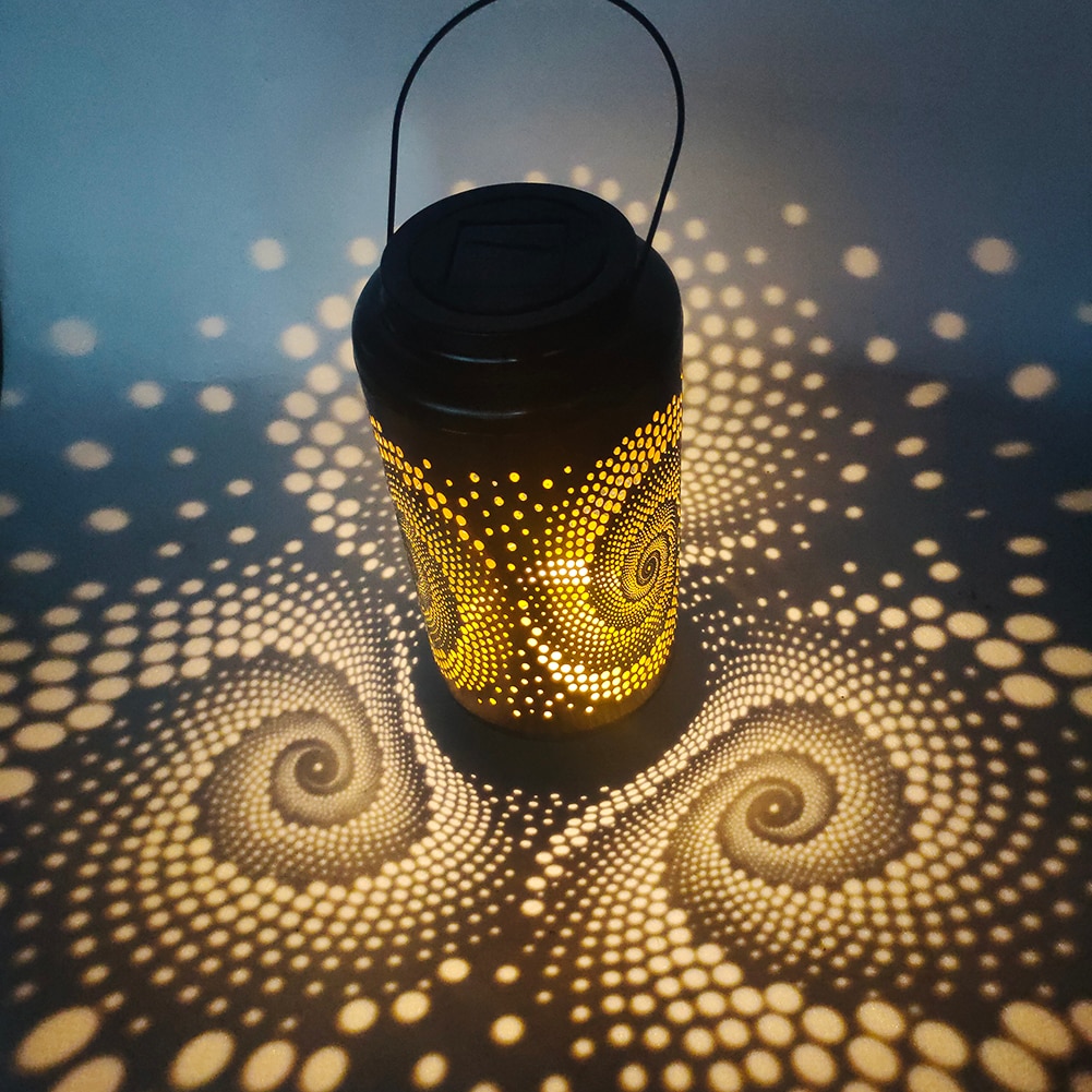 LED Solar Lantern Light Hollow Lantern Projection Light Wrought Iron Hanging Lamps Waterproof Outdoor Yard Garden Art Decoration