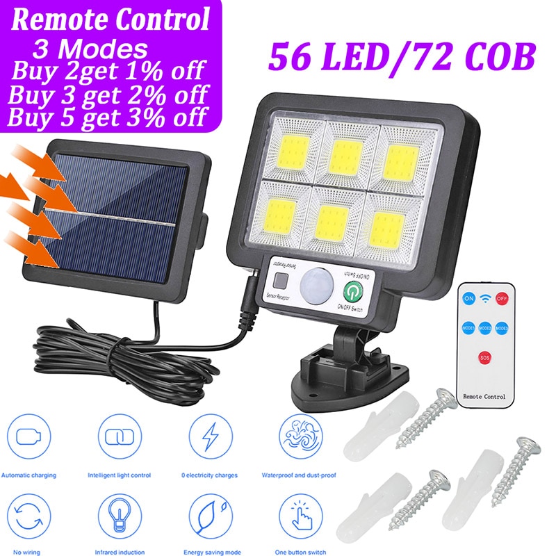 LED Split Solar Wall Light Waterproof Motion Sensor Induction Street Security Outdoor Solar Lamp Garden Decoration 56 LED/72 COB