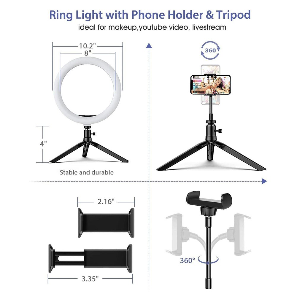 10.2 inch Selfie Ring Light Portable Photo Video Camera Mobile Phone Clip Lamp with Tripod Stand Phone Holder For Live Stream