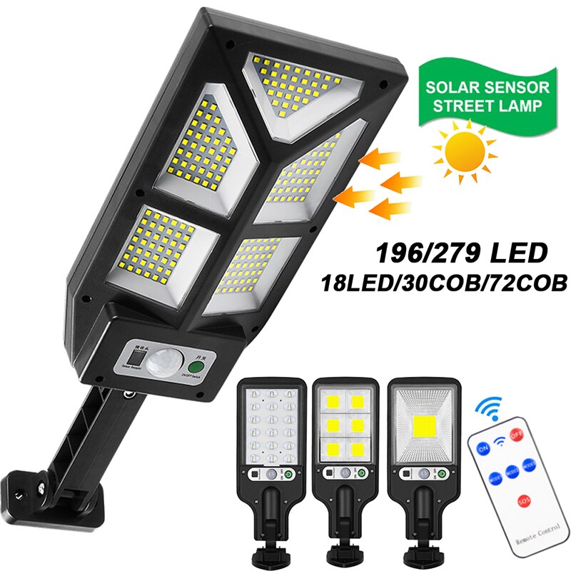 196/279 LED Solar Street Lights Outdoor Solar Lamps with 3 Modes LED/COB Waterproof Motion Sensor Remote Control for Garden Yard