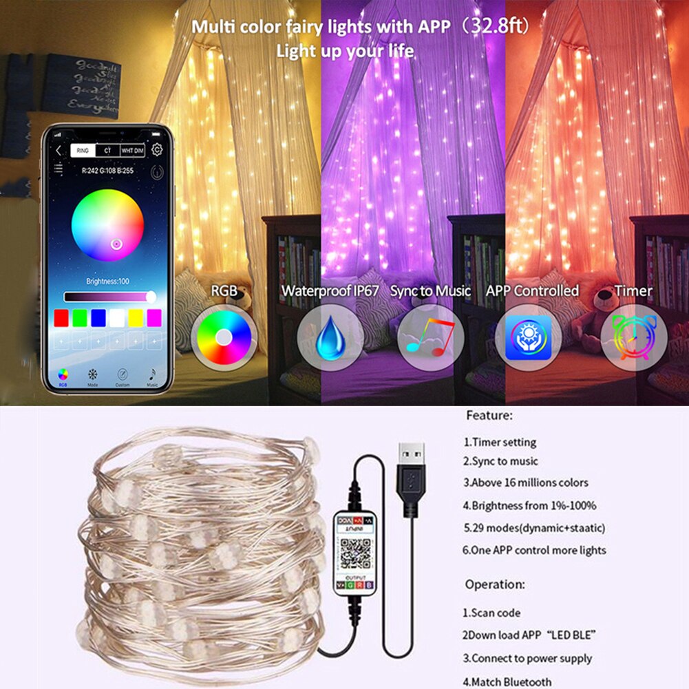 USB Fairy LED String Light Bluetooth App Control String Lamp Waterproof Outdoor Lights Strings for Christmas Garlan Tree Decor