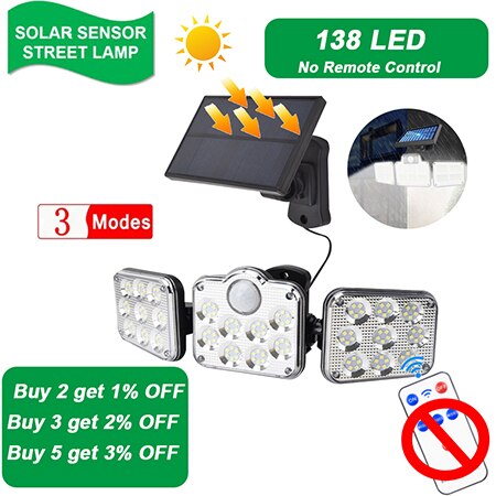 122/138LED Solar Lamp Outdoor Street Lights with Motion Sensor 3 Modes Rotatory Head Waterproof Wall Lamp for Garden Yard Garage