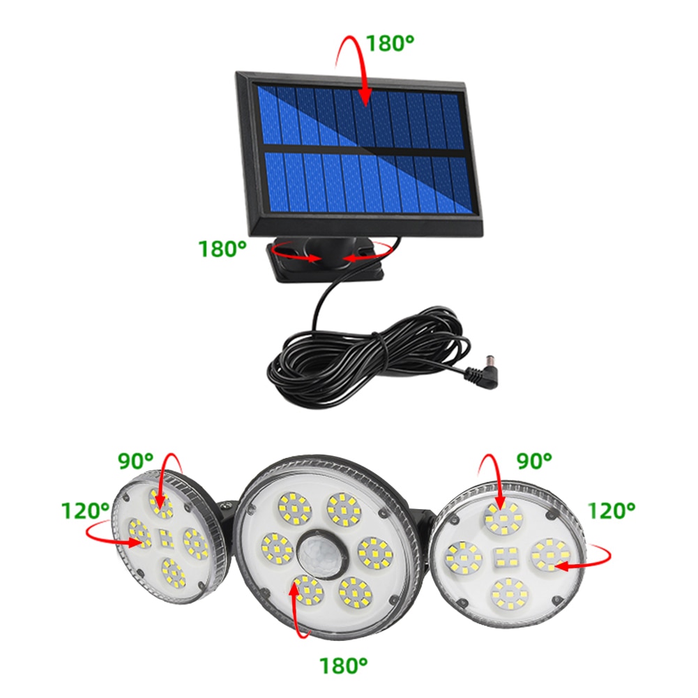 186/192LED COB Solar Lamp Outdoor Street Lights with Motion Sensor 3 Mode Rotatory 3 Head Waterproof Lamp for Garden Yard Garage