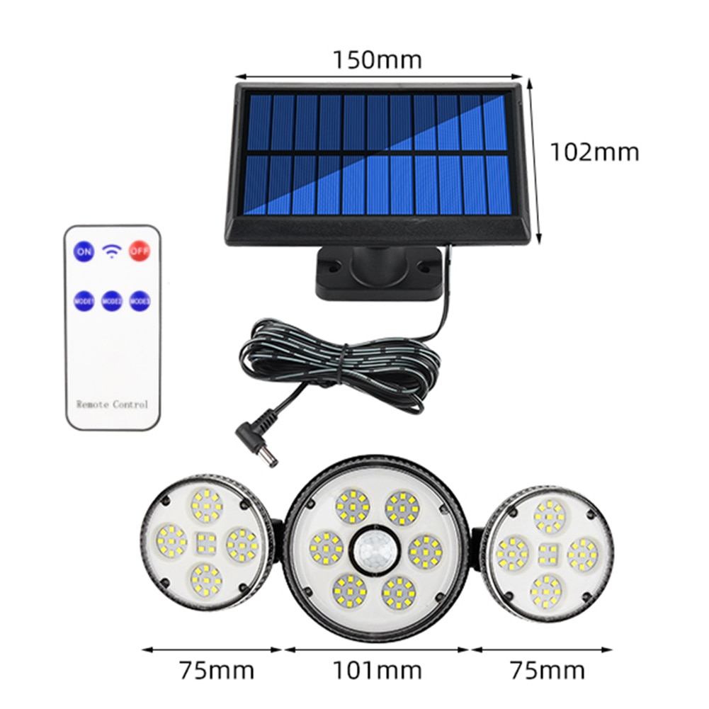 186/192LED COB Solar Lamp Outdoor Street Lights with Motion Sensor 3 Mode Rotatory 3 Head Waterproof Lamp for Garden Yard Garage