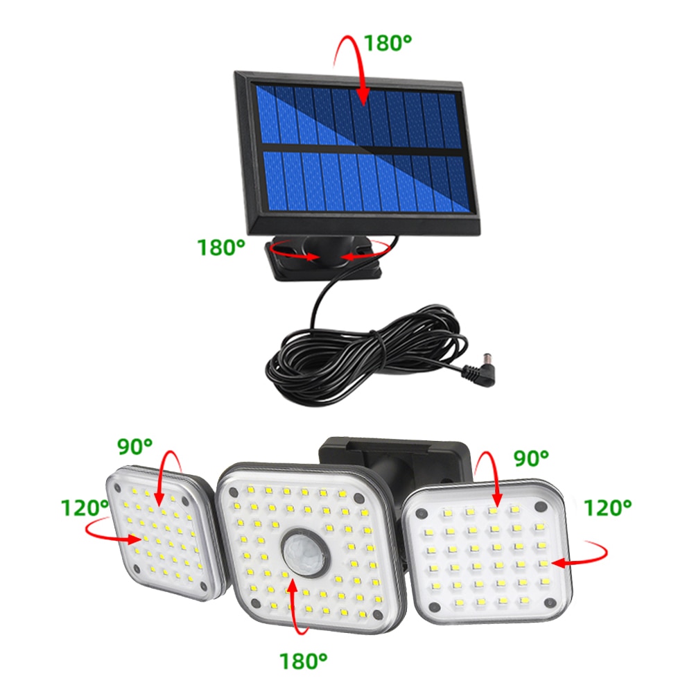 186/192LED COB Solar Lamp Outdoor Street Lights with Motion Sensor 3 Mode Rotatory 3 Head Waterproof Lamp for Garden Yard Garage