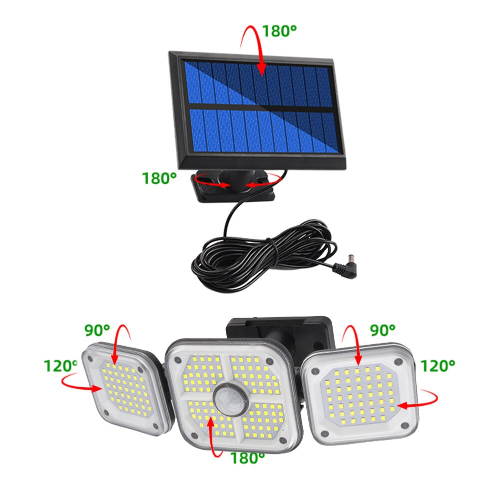 186/192LED COB Solar Lamp Outdoor Street Lights with Motion Sensor 3 Mode Rotatory 3 Head Waterproof Lamp for Garden Yard Garage