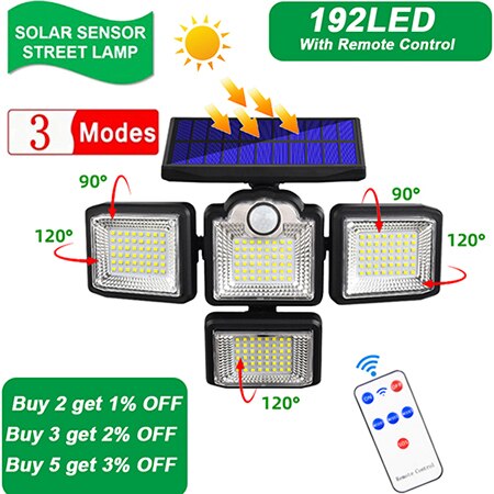 192/198LED COB Solar Lamp Outdoor Street Light with Motion Sensor 3 Mode Rotatory 4 Head Waterproof Lamp for Garden Yard Garage