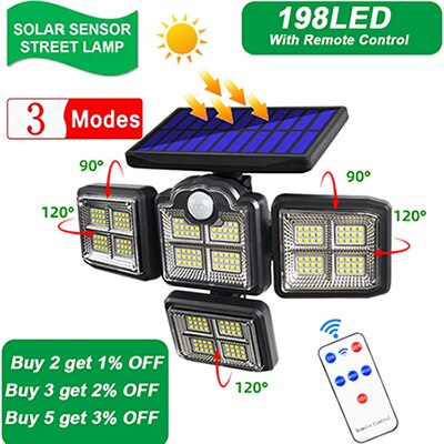 192/198LED COB Solar Lamp Outdoor Street Light with Motion Sensor 3 Mode Rotatory 4 Head Waterproof Lamp for Garden Yard Garage