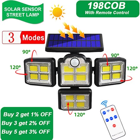 192/198LED COB Solar Lamp Outdoor Street Light with Motion Sensor 3 Mode Rotatory 4 Head Waterproof Lamp for Garden Yard Garage
