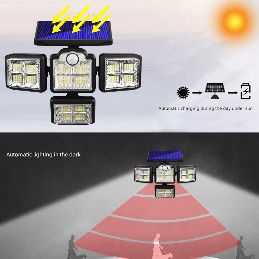 192/198LED COB Solar Lamp Outdoor Street Light with Motion Sensor 3 Mode Rotatory 4 Head Waterproof Lamp for Garden Yard Garage