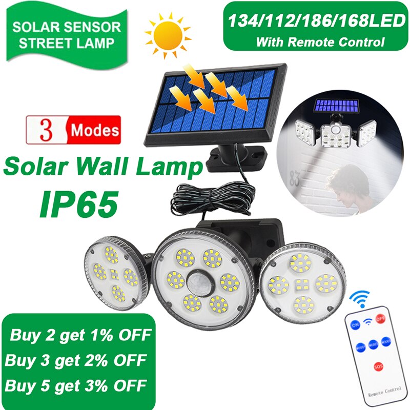 134/112/186/168LED Solar Lamp Outdoor Street Lights with Motion Sensor Rotatory Head Waterproof Wall Lamp for Garden Yard Garage