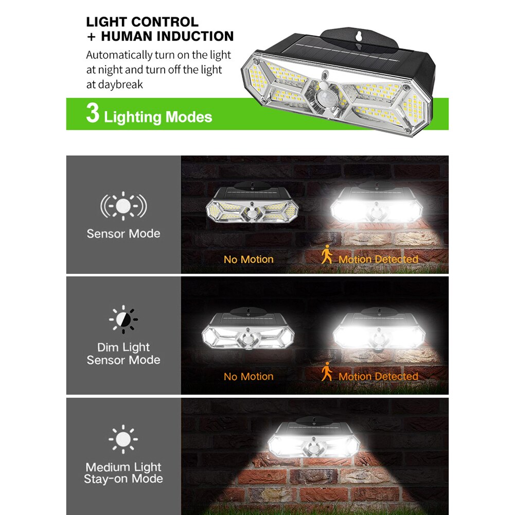 168 LED Solar Powered Light Outdoor Waterproof Human Body Sensor 3 Modes Street Sunlight Solar Wall Lamp for Garden Decoration