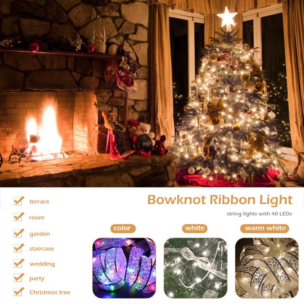 20/40/50 LED Fairy Lights Strings Lamp Christmas Ribbon Bows Light Xmas Tree Ornaments Wedding Party New Year Home Decorations