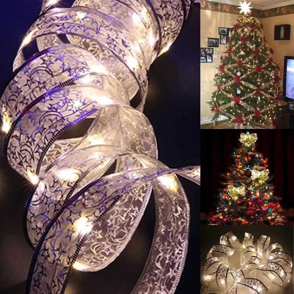 20/40/50 LED Fairy Lights Strings Lamp Christmas Ribbon Bows Light Xmas Tree Ornaments Wedding Party New Year Home Decorations