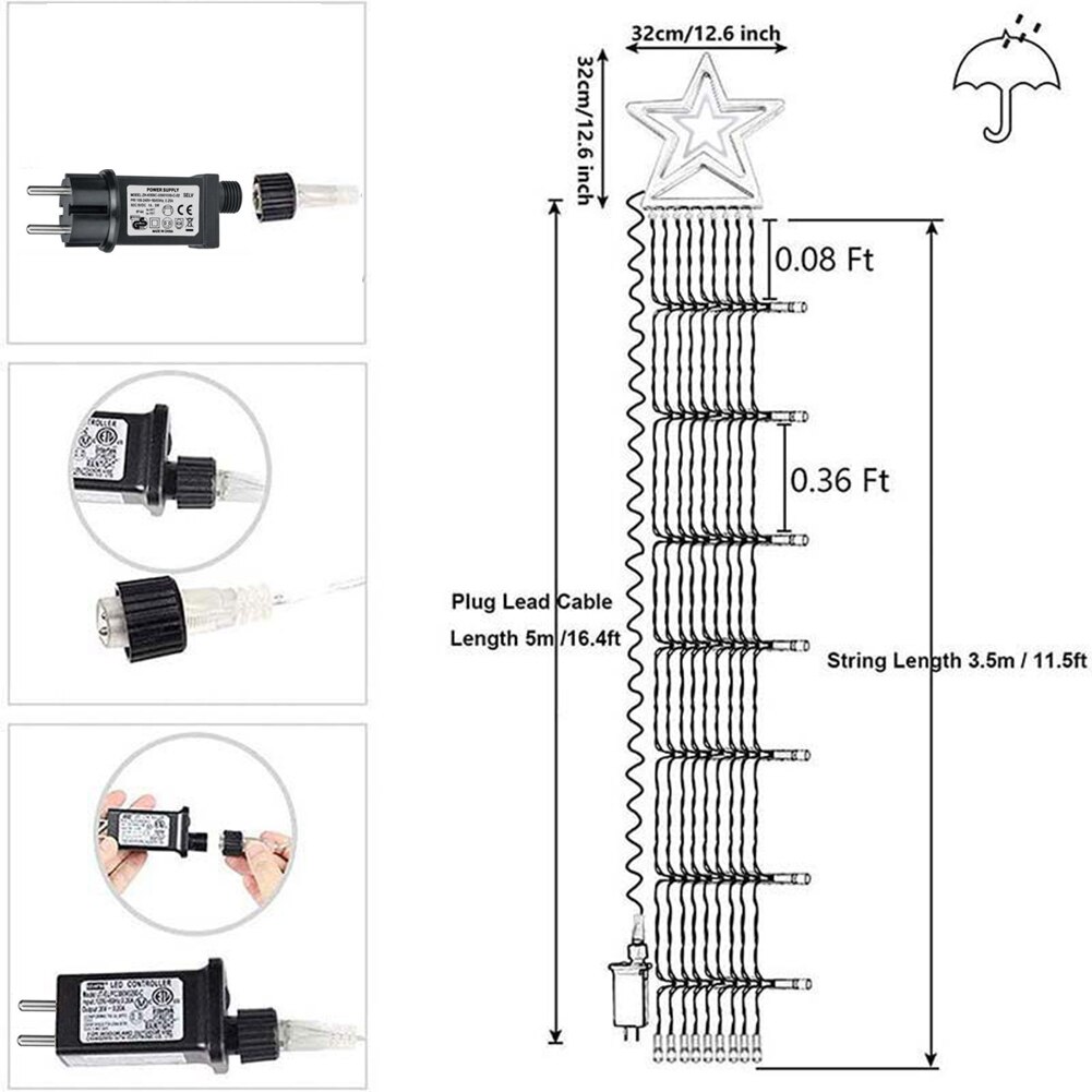 LED Christmas Fairy Lights Waterfall Star String Lamp 8 Lighting Modes Waterproof for Tree Wedding Garden Christmas Decoration