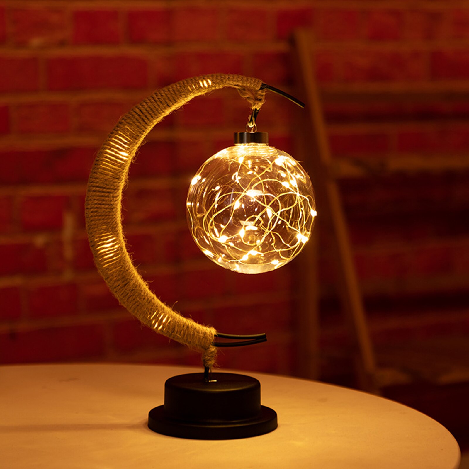 LED Moon Lamp Lunar Sepak Takraw Night Light wtih Stand Handmade Hemp Rope Table Lamp Decorations Romantic Night Light Xmas Gift