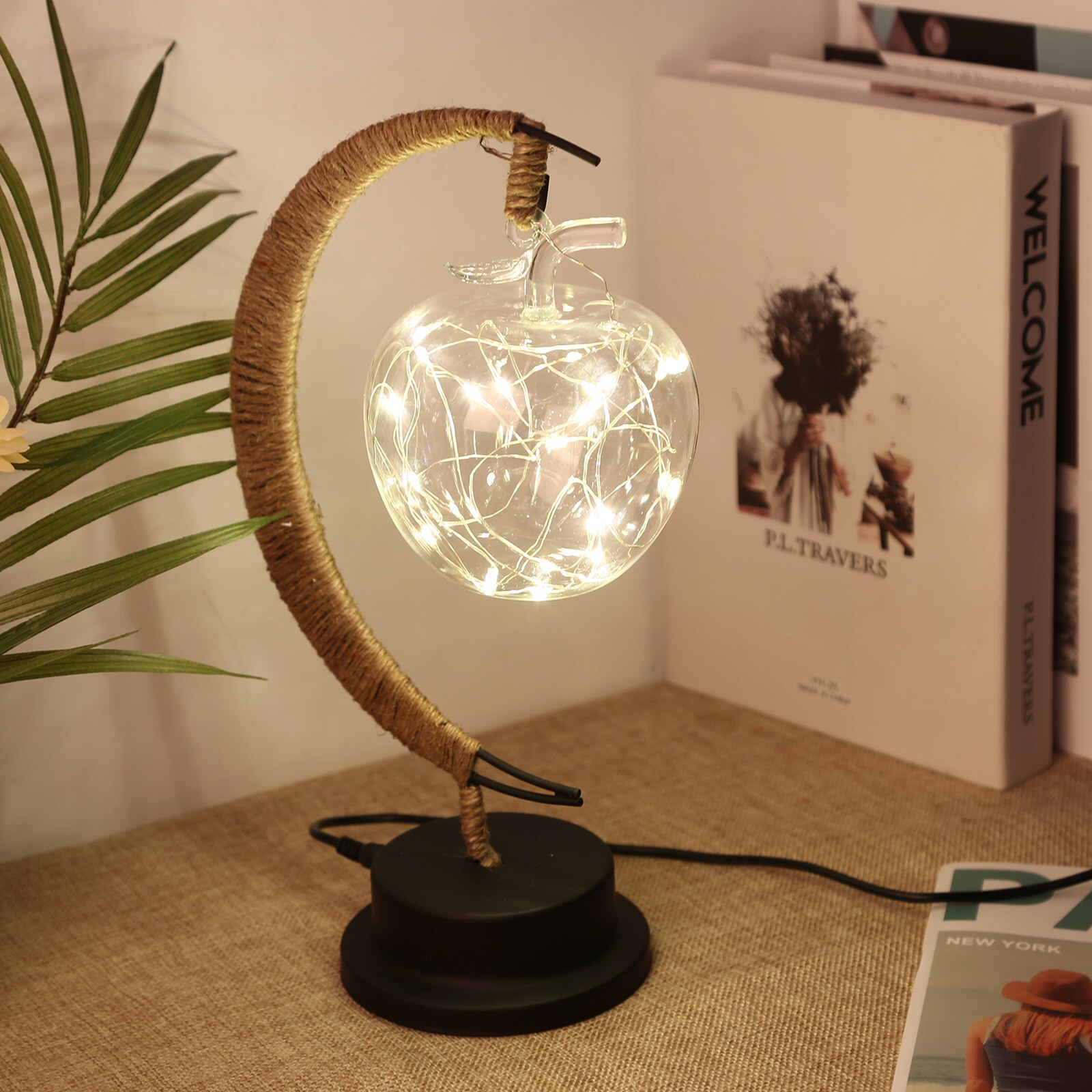 LED Moon Lamp Lunar Sepak Takraw Night Light wtih Stand Handmade Hemp Rope Table Lamp Decorations Romantic Night Light Xmas Gift