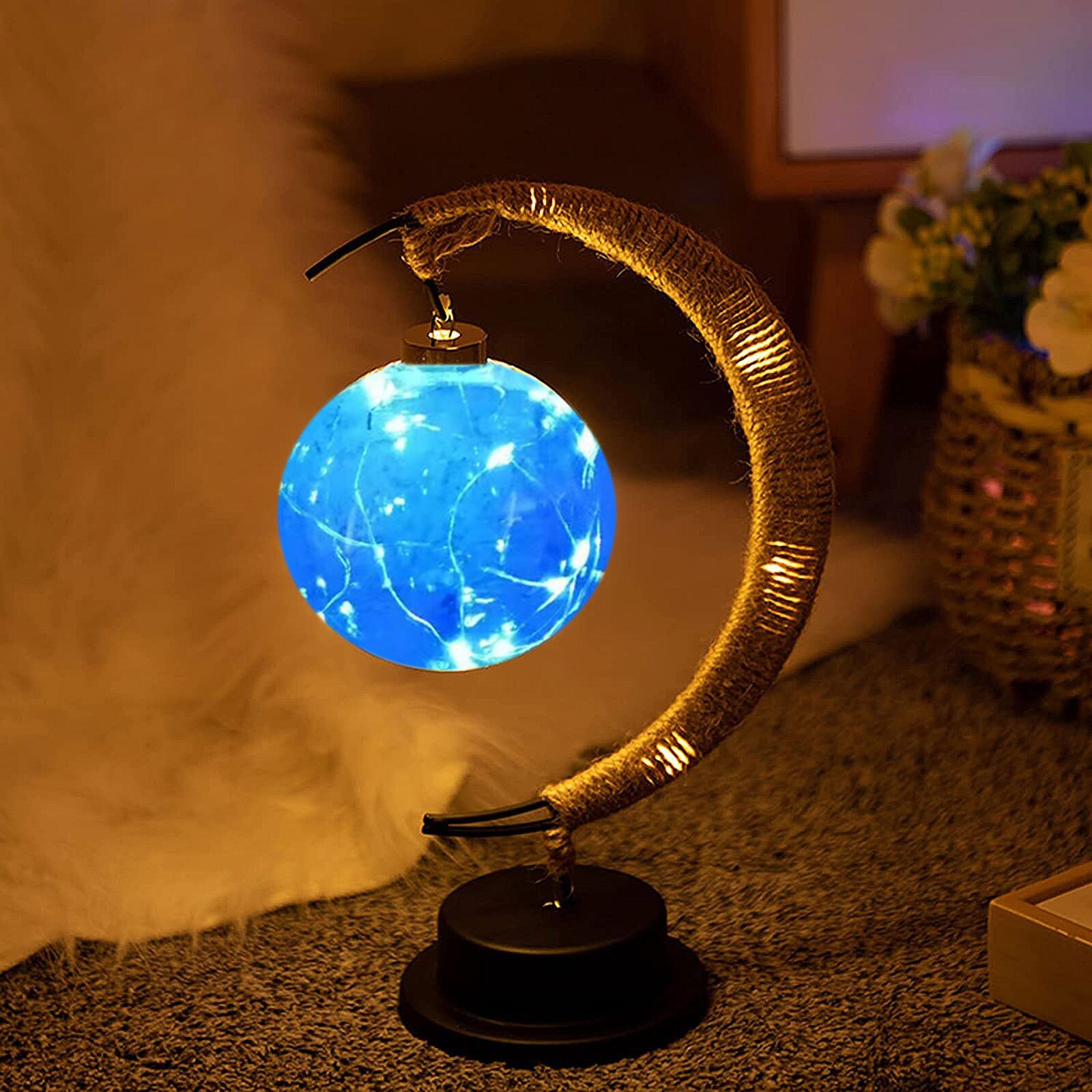 LED Moon Lamp Lunar Sepak Takraw Night Light wtih Stand Handmade Hemp Rope Table Lamp Decorations Romantic Night Light Xmas Gift