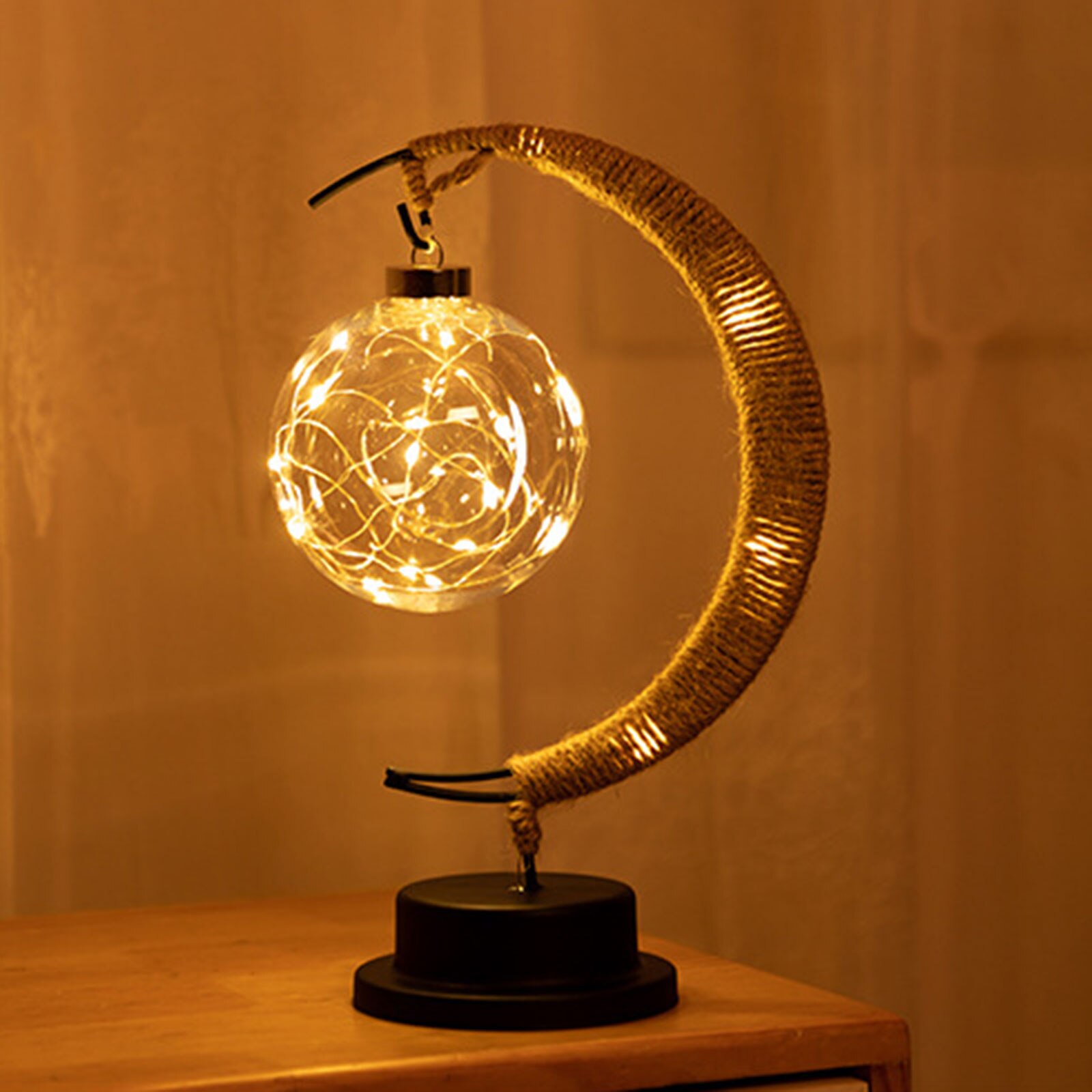 LED Moon Lamp Lunar Sepak Takraw Night Light wtih Stand Handmade Hemp Rope Table Lamp Decorations Romantic Night Light Xmas Gift