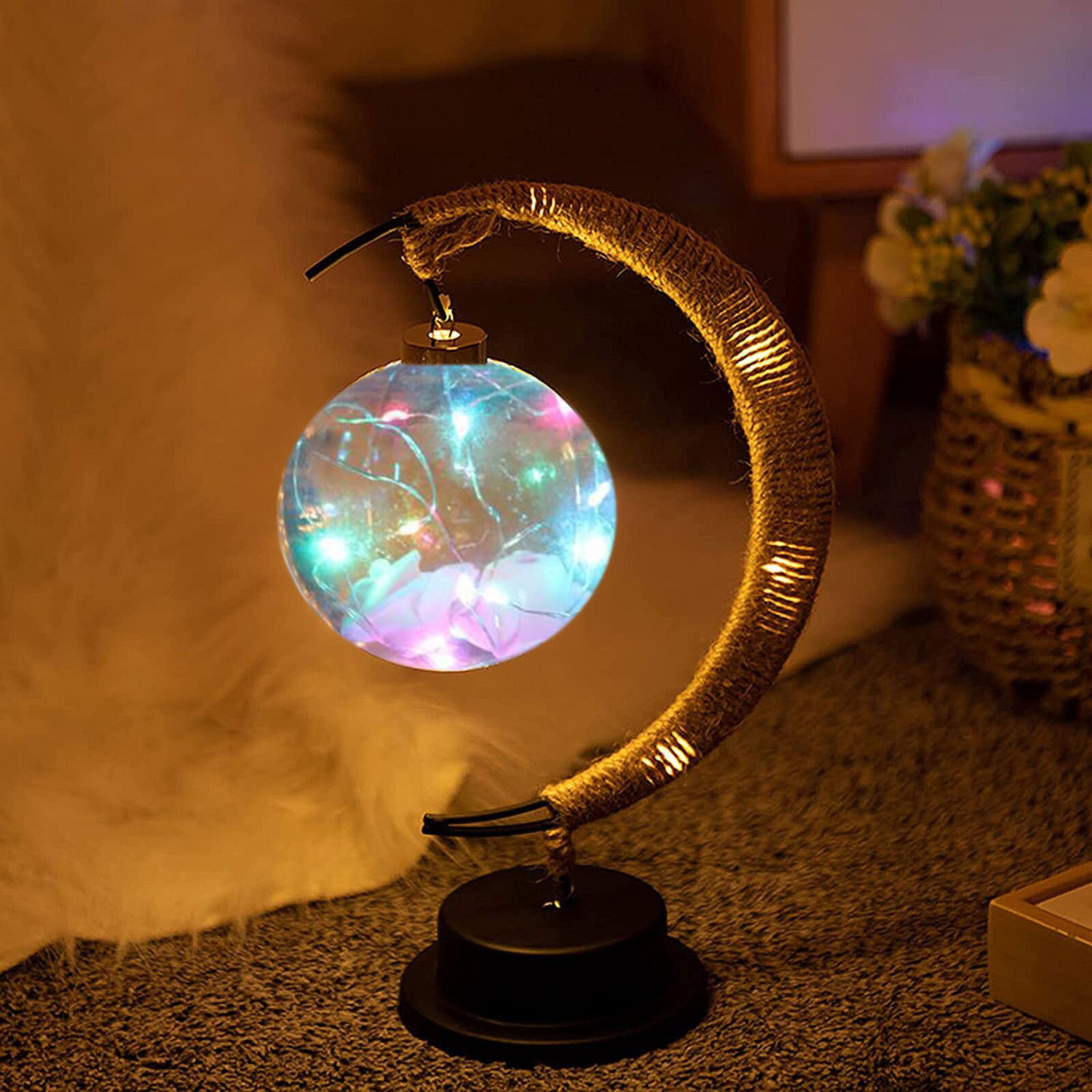 LED Moon Lamp Lunar Sepak Takraw Night Light wtih Stand Handmade Hemp Rope Table Lamp Decorations Romantic Night Light Xmas Gift