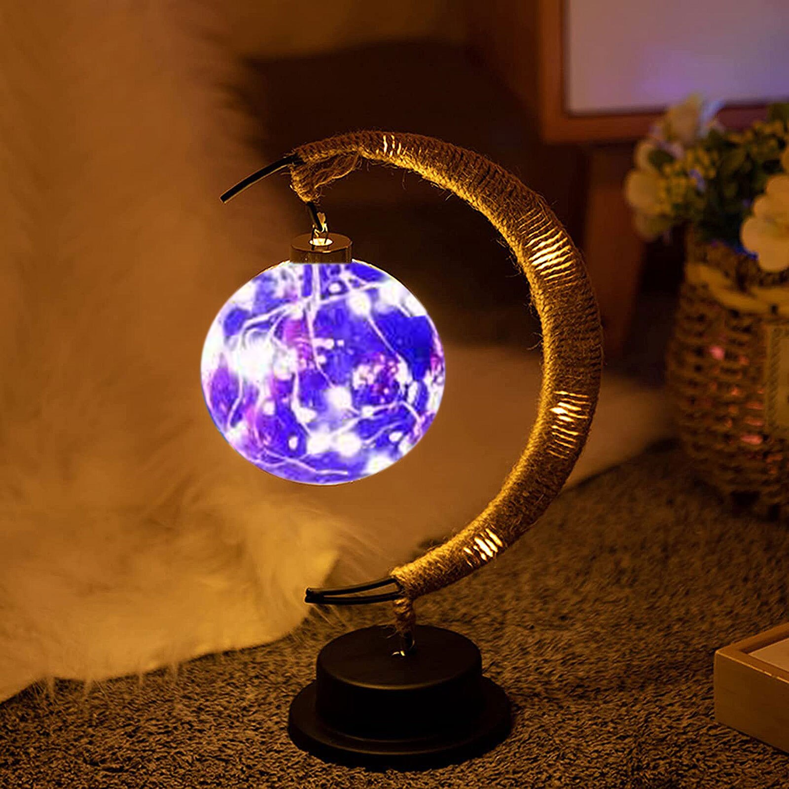 LED Moon Lamp Lunar Sepak Takraw Night Light wtih Stand Handmade Hemp Rope Table Lamp Decorations Romantic Night Light Xmas Gift